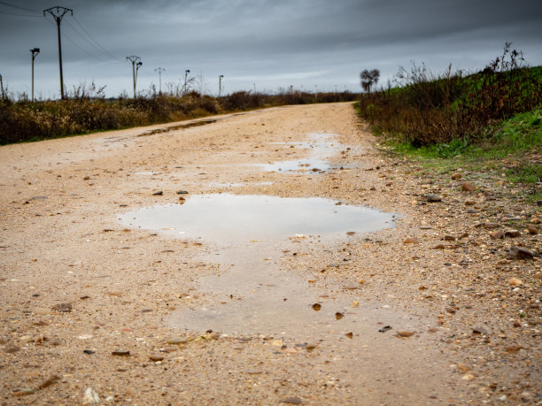 农村公路上泥泞的道路被冬雨淹没图片下载