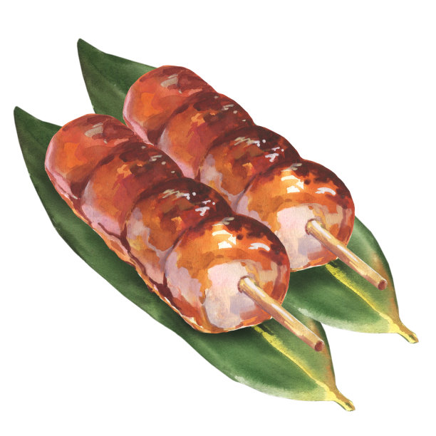 一套日本著名的传统小吃，以水彩画的风格，以白色为背景。图片下载