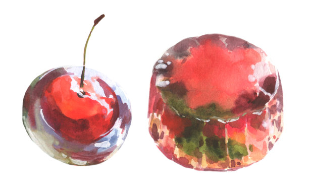 水彩日本沙漠樱桃果冻，孤立在白色背景。图片下载