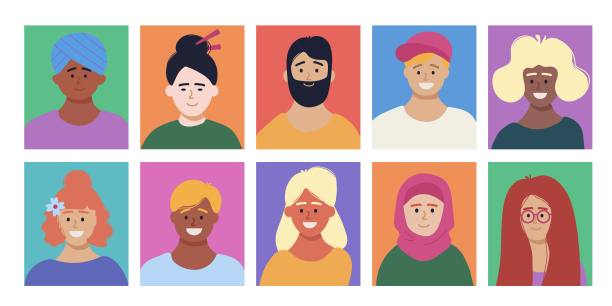 一套快乐的人头像，彩色方块中的字符。不同文化和民族的男男女女。社会的多样性。平面矢量图。图片下载
