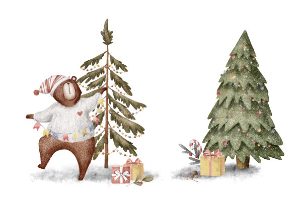一套圣诞快乐可爱的卡通熊与圣诞树孤立的白色。准备使用卡片组合。图片下载