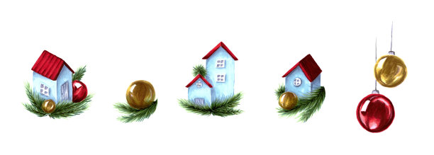 一套五个圣诞装饰品:浅蓝色的木屋，松枝上红色和金色的球，用马克笔手绘图片下载