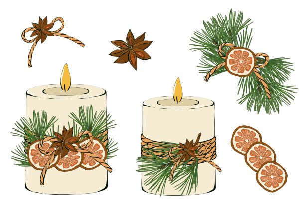 圣诞蜡烛，复古冬季装饰品。孤立在白色背景上。手绘插图图片下载