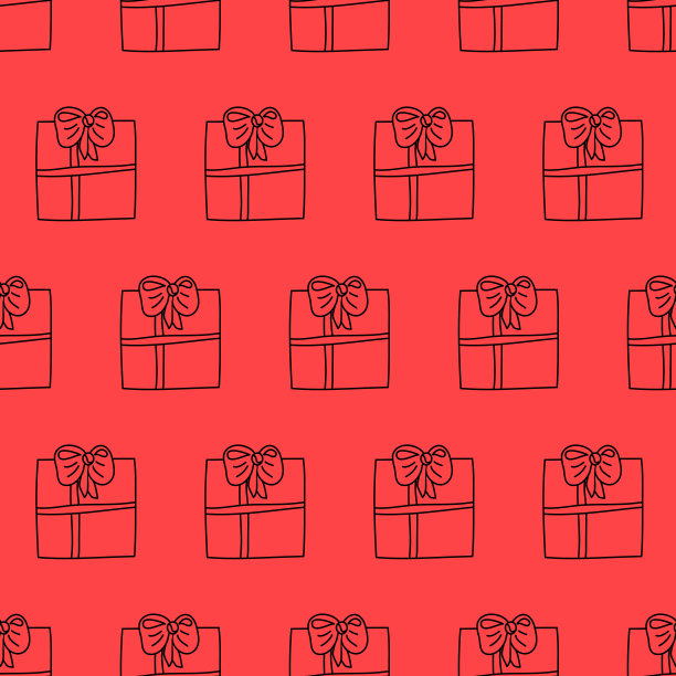 礼盒上有礼物，笔画上红色，手绘无缝图案图片下载