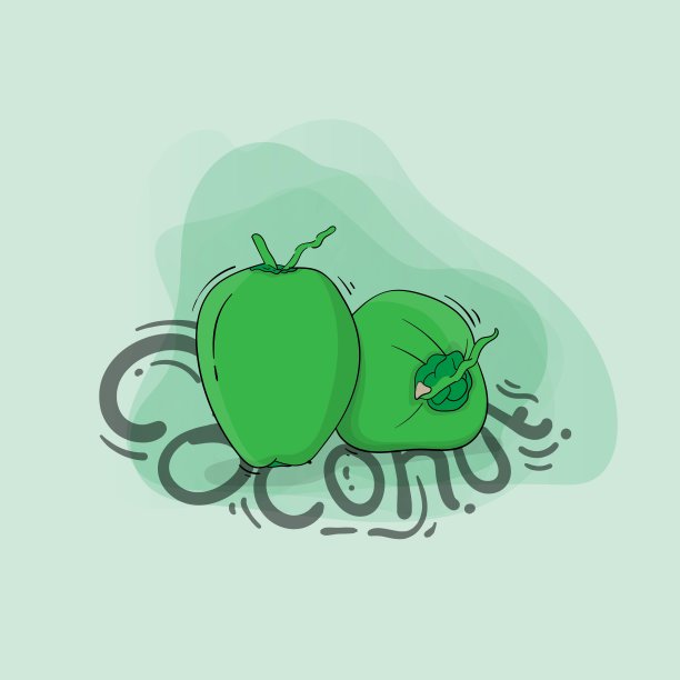 两个新鲜的绿色小椰子在卡通设计与手绘椰子设计图片下载
