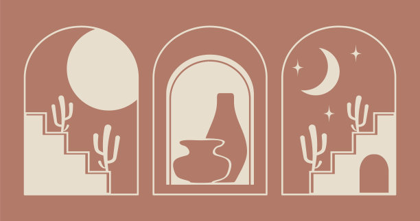 集合向量线性波西米亚标志与东方元素。摩洛哥架构图片下载