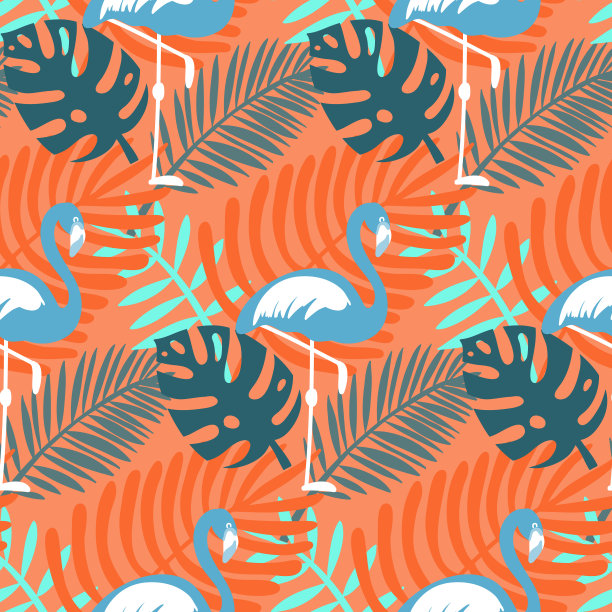 棕榈叶和火烈鸟无缝图案用于纺织品和包装纸设计图片下载