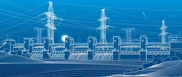 水力发电厂。河大坝。可再生能源。高压传输系统。电杆。电线。城市基础设施产业说明。矢量设计艺术图片下载