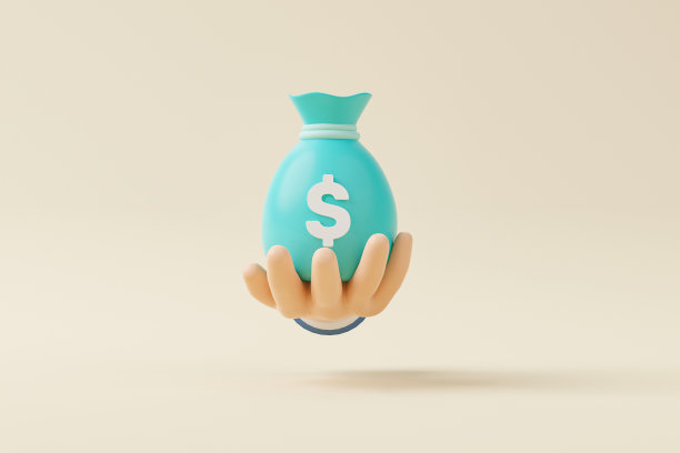 手持钱袋与图标美元货币的背景。省钱投资理念。三维渲染插图图片下载