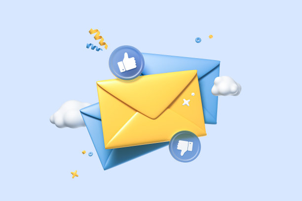 有竖起大拇指和提醒通知的信封。信息通知。消息交付。卡通创意设计图标孤立在蓝色背景上。三维渲染图片下载