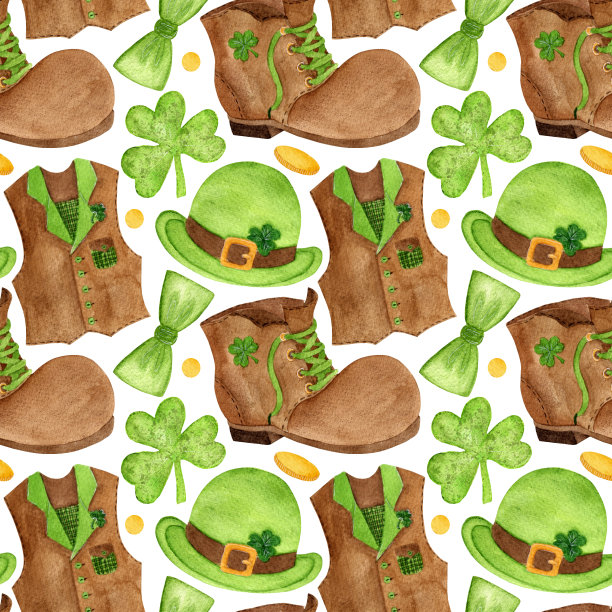 水彩无缝图案与妖精服装元素。帽子，鞋子，领结，三叶草，马甲，白底硬币。图片下载