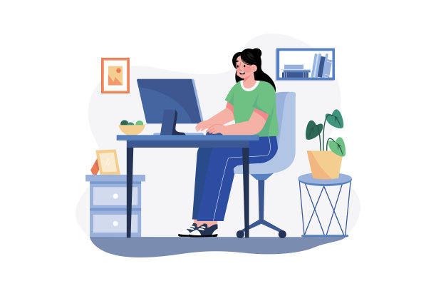 女性在家工作的插图概念。白色背景上的平面插图图片下载