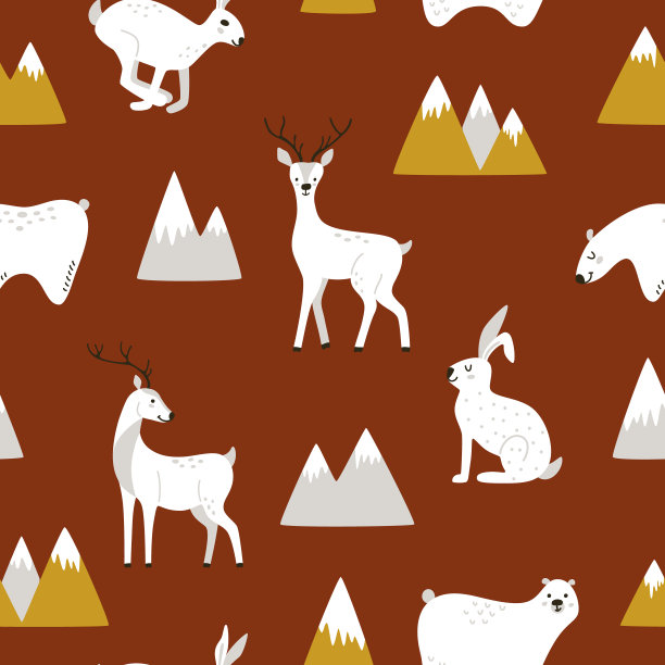 红色背景的北欧卡通动物。矢量无缝模式的插图熊，鹿，和兔子。图片下载