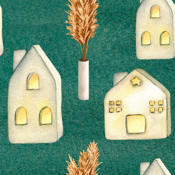 模式。陶瓷房子灯笼，花瓶干花。客厅内部水彩插图。剪纸艺术。白色背景上的家居装饰元素。图片下载