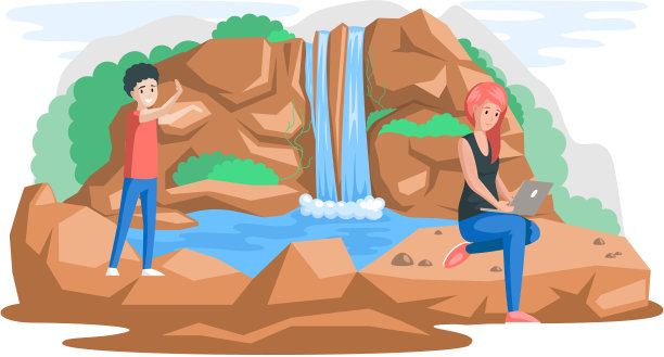 年轻人在大自然中远程工作。在笔记本电脑上通过网络进行通信的字符图片下载