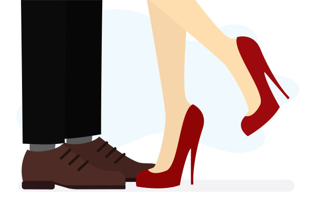 一个男人和一个女人的腿特写。爱情，夫妻，关系。商务人士或恋人站在附近。亲密，爱，沟通的概念。人体部位。卡通的人。图片下载