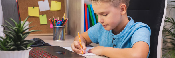 远程教育，在线教育。一个男孩在家里用笔记本电脑学习，做作业。图片下载