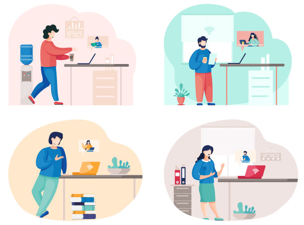 业务合作伙伴通过视频通话进行交流，通过设置的网络场景进行会议交谈图片下载