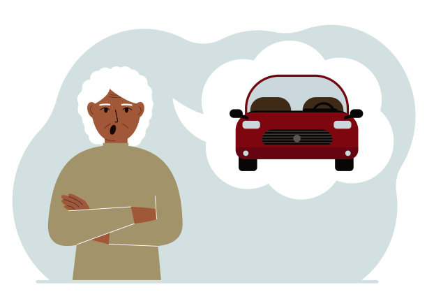 惊讶的女人梦见了一辆车。在女人的附近有一个大气球和一辆红色的汽车。地点，购买，信用，思想的概念。图片下载