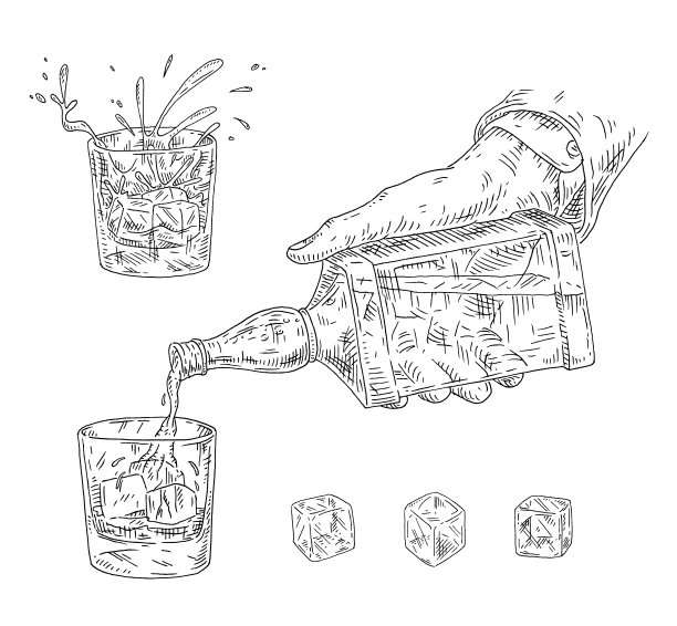男性将威士忌从瓶子里倒进玻璃杯里。复古矢量黑色雕刻图片下载