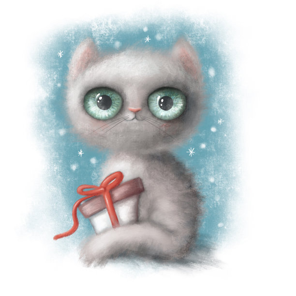 带礼物的可爱猫。可爱有趣的小猫，蓝色的大眼睛。可爱的小猫肖像。冬季彩色插图宠物卡片和另一个。新年快乐图片下载