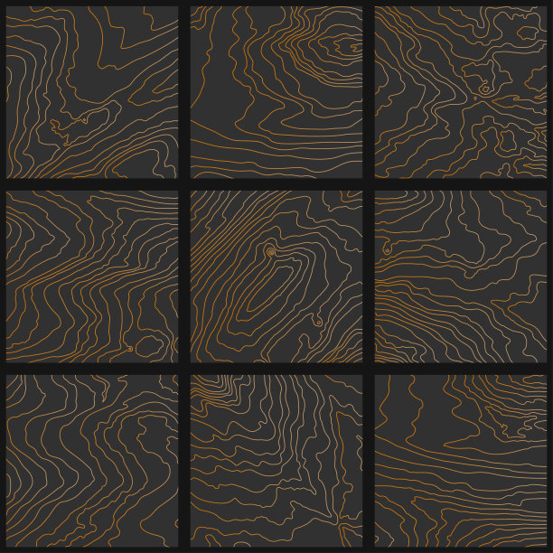 生锈的铁丝板，方形瓷砖。一套具有抽象波浪线性图案的装饰画，地形轮廓。木纹金色波纹条纹。矢量豪华封面背景图片下载