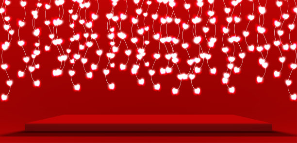 红色方形基地装饰与心脏灯泡发光。基座场景与产品，广告，表演，在红色背景。情人节背景。抽象的工作室背景。矢量插图。图片下载