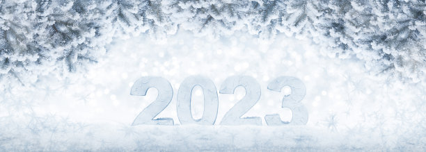 雪花上有2023号冰的新年贺卡。白雪覆盖着云杉树枝，横幅上有圣诞模糊的花环灯。美丽，冬季，假期背景与复制空间。图片下载