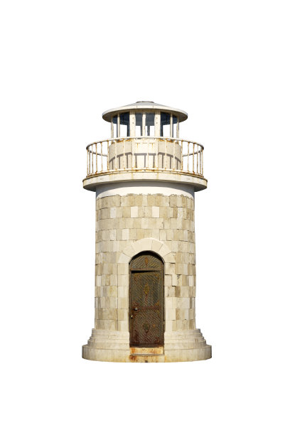 灯塔塔隔离。在空旷的白色背景上，一座古老的海港或海岸灯塔。海洋建筑概念。图片下载
