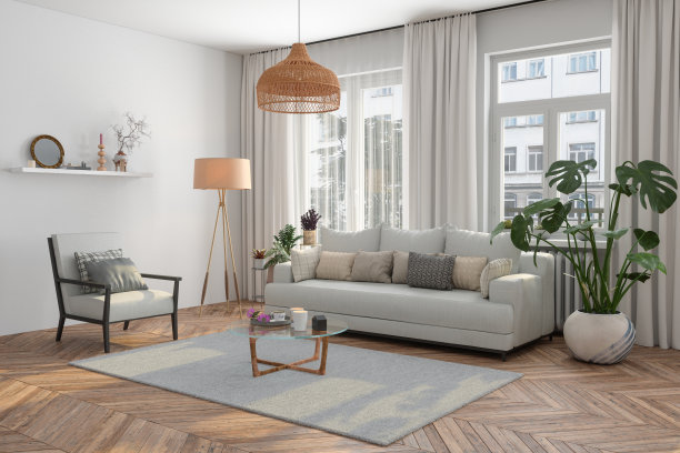 现代客厅内饰，配有沙发，扶手椅，落地灯和咖啡桌图片下载