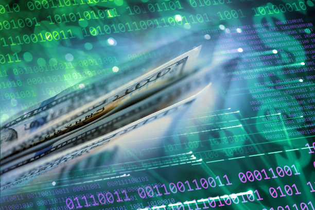 金融技术。二进制代码背景与美元钞票图片下载