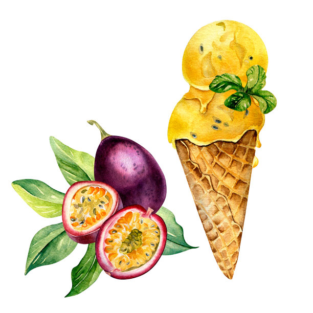 百香果和冰淇淋在华夫蛋筒水彩插图孤立在白色背景。图片下载