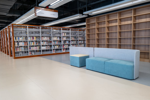 图书馆空书柜前的沙发图片下载
