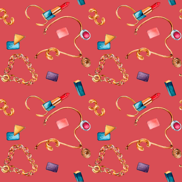 女式配件配链，胭脂水彩无缝花纹隔离在珊瑚上。图片下载