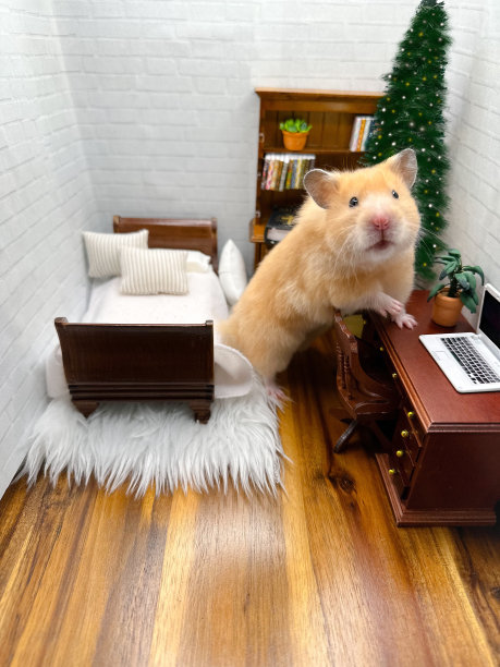 可爱的叙利亚仓鼠在舒适的卧室里，有一张桌子和一棵圣诞树图片下载