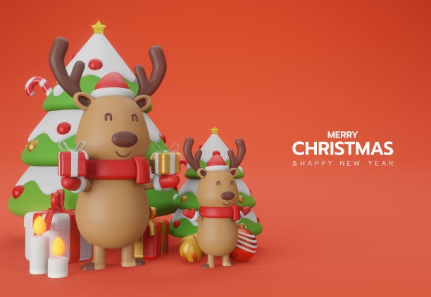 圣诞快乐和新年快乐，大小驯鹿拿着礼品盒图片下载