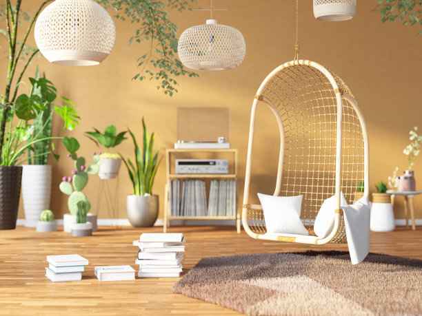 舒适的米色客厅，竹吊床和书籍图片下载