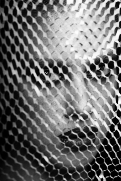 抽象的工作室肖像美丽的女人与花哨的化妆通过网格寻找图片下载