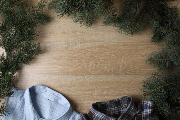 男人的新年圣诞背景。衬衫衬衫新年帽子圣诞老人和树枝圣诞树上的树背景与文本复制空间的地方。节日的背景图片下载