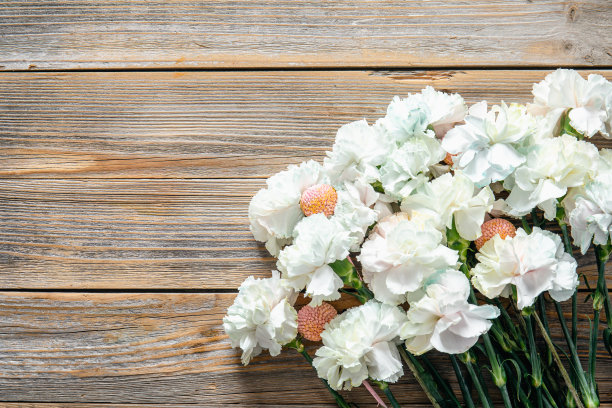 白色康乃馨，木质背景，平铺。图片下载