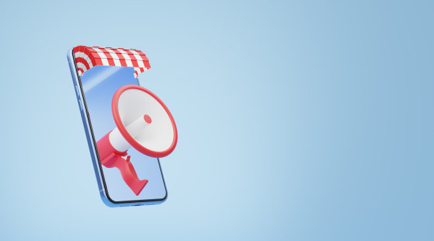 白色和红色的扩音器飞出手机与遮阳篷漂浮在蓝色背景。数字市场在线，电子商务概念。促销横幅。带店面的智能手机。3 d渲染。图片下载