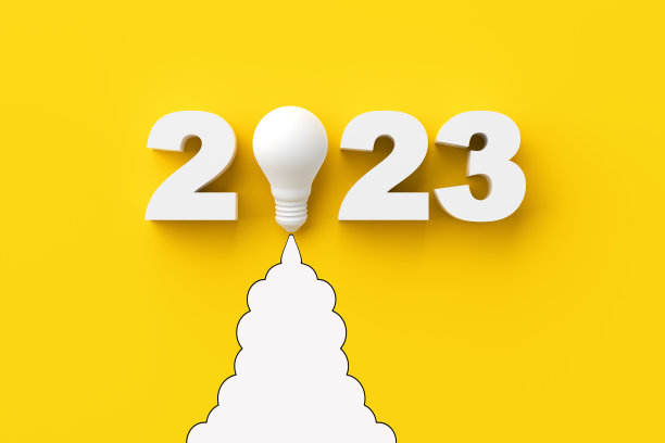 2023年新年创意经营思路，灵感迸发，创新创意理念。新业务的开始或成功的目标。黄色背景上的火箭灯泡。图片下载