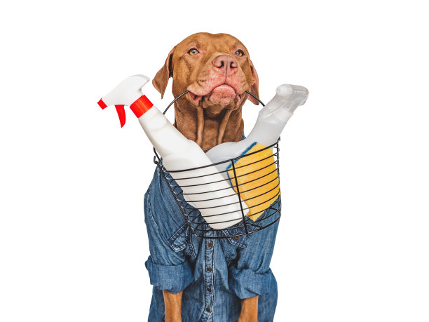 可爱的小狗，有洗涤剂和刷子图片下载