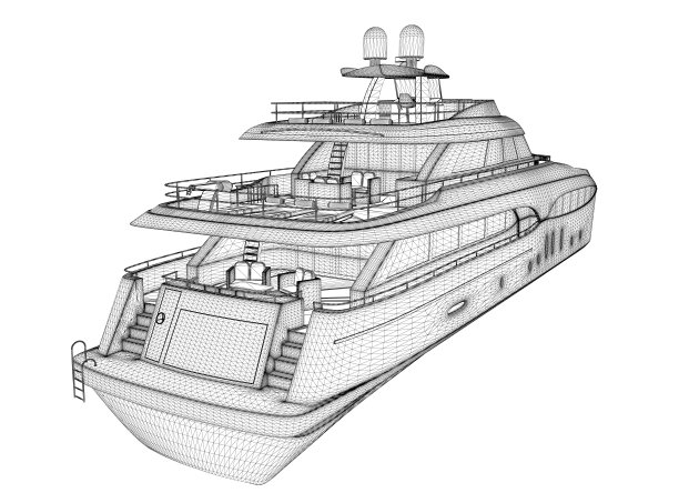 一艘大型豪华游艇的线框，从白色背景上孤立的黑色线条。后视图。3 d。矢量插图。图片下载
