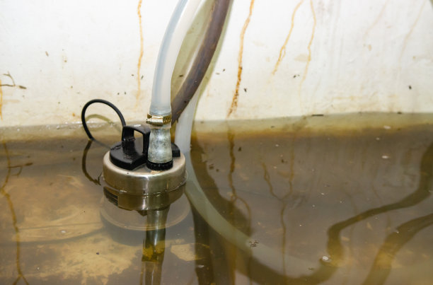 一台水泵正在从被风暴淹没的房屋中抽水。图片下载