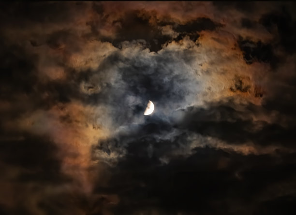 夜空中的月亮被彩云包围着。晕—自然界的光现象图片下载