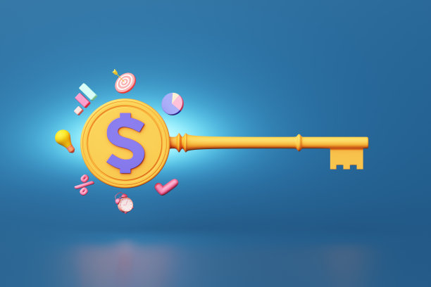 一元硬币形式的一个关键概念。目标成功投资经济战略财务，商业利润和预算百分比，时钟，蓝色背景。对象裁剪路径。3 d演示。图片下载