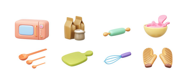 面包房设备面包和蛋糕是微波炉，面团，擀面杖，碗，量勺，切菜板，搅拌器和烤箱手套白色背景。可爱的孩子对象剪辑路径。3 d演示。图片下载