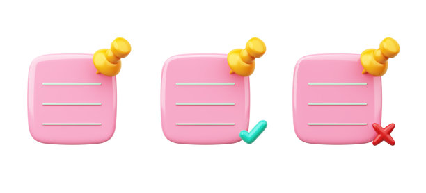 粉红色的便利贴或便签，上面有别针、检查标记和错误标记，可以贴在消息、日记或提醒上。风格可爱的卡通孩子粉彩塑料光滑光滑。对象裁剪路径。3 d演示。图片下载