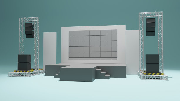 三维渲染的舞台表演和桁架结构与音响系统的音乐会演出业务图片下载